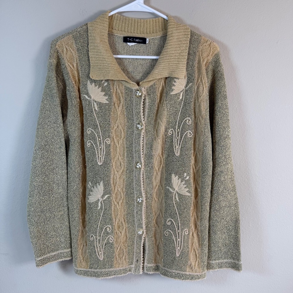 Embroidered Knit Cardigan Sweater XL Floral Buttons Cottagecore‎ Boho Grandpa